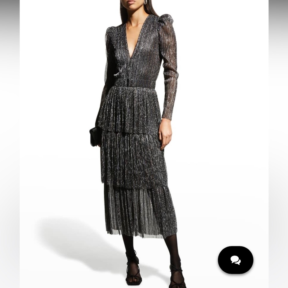 SABINA MUSAYEV Carry Dress Tiered Metallic Silver Black Dress Sz Large L NWT NEW